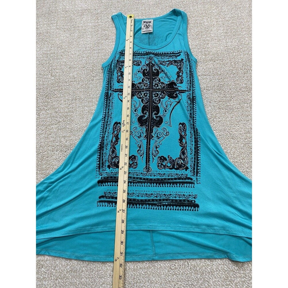 Y2K Vocal Turquoise Sleeveless Rhinestone Cross Tunic Top Rayon Spandex Size S - Picture 10 of 15